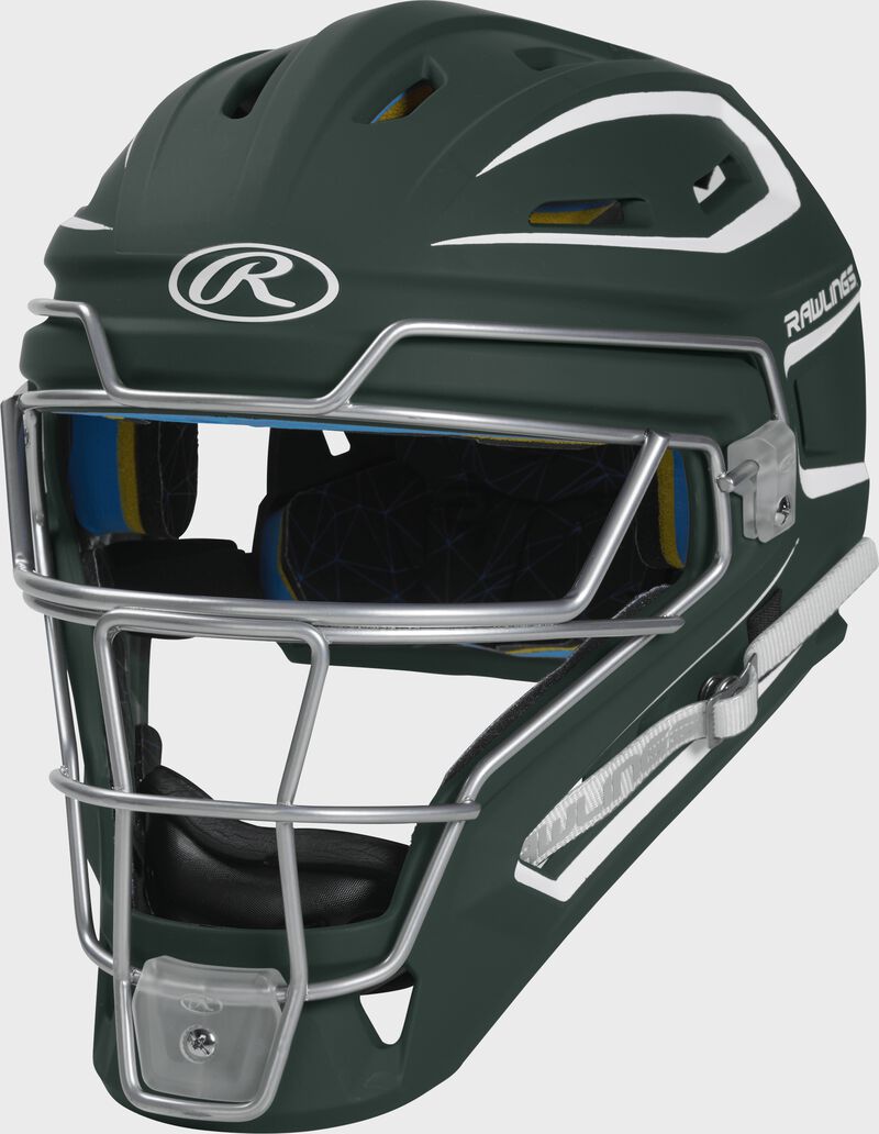 Rawlings Mach Junior Catcher's Helmet with Impax Padding, Dark Green and White